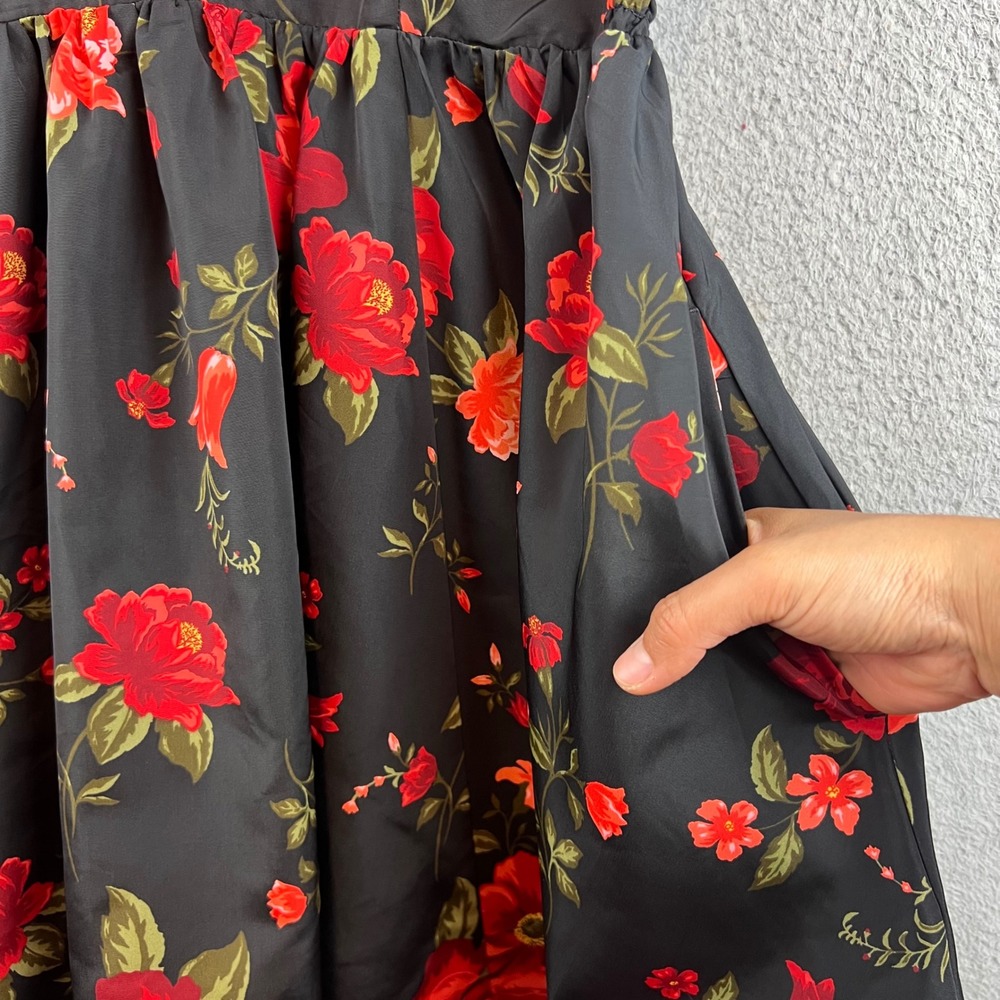Old Navy The Occasion Floral Fit & Flare Dress Black Red Poppy Tie Shoulder L - Picture 8 of 13